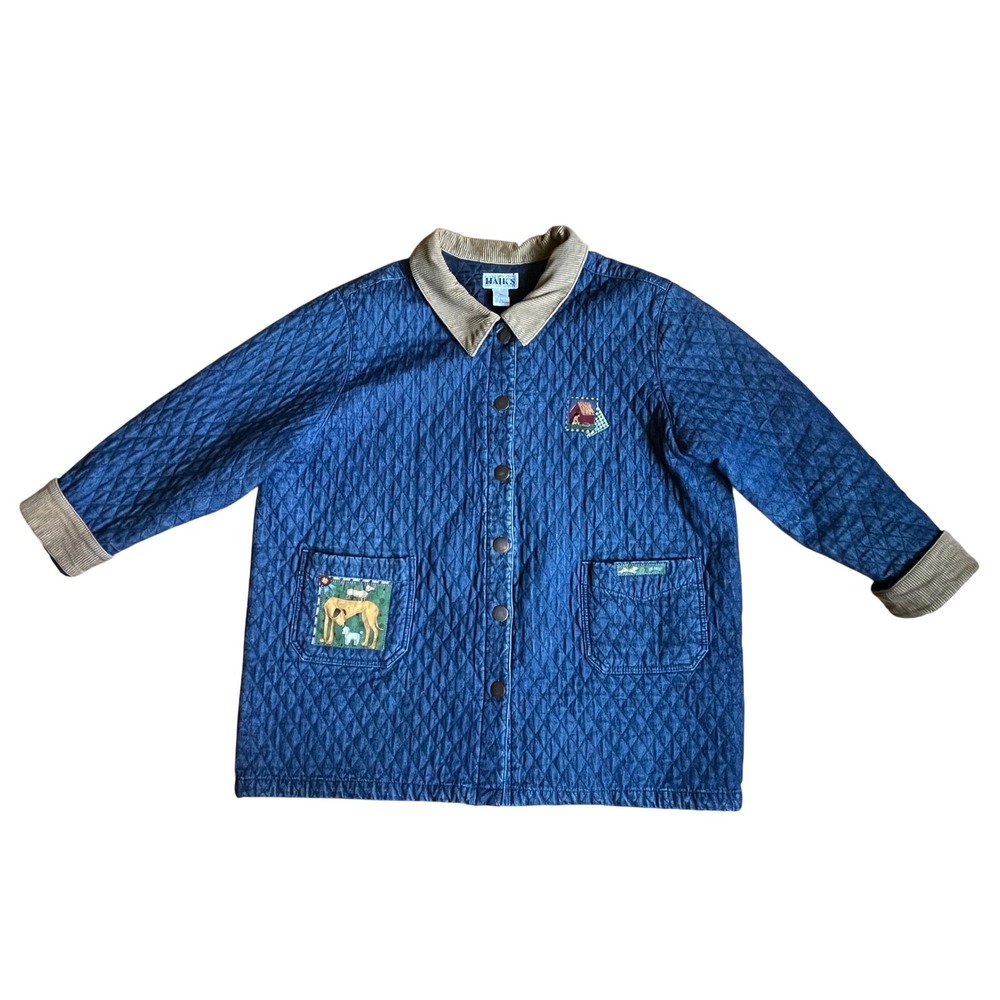 Haiks Vintage Quilted Denim Dog Theme Barn Jacket Plus Size 2X Blue Cotton Coat‎